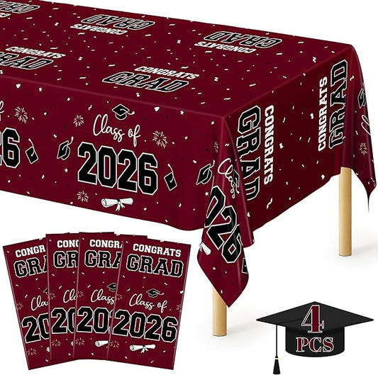 QZYL 4 Pack Graduation Table Decorations 2026, 54" x 108" Maroon Graduation Table Cloths, Disposable Grad Party Decorations for Class of 2026 Congrats Grad, Rectangle Plastic Tablecloth for College
