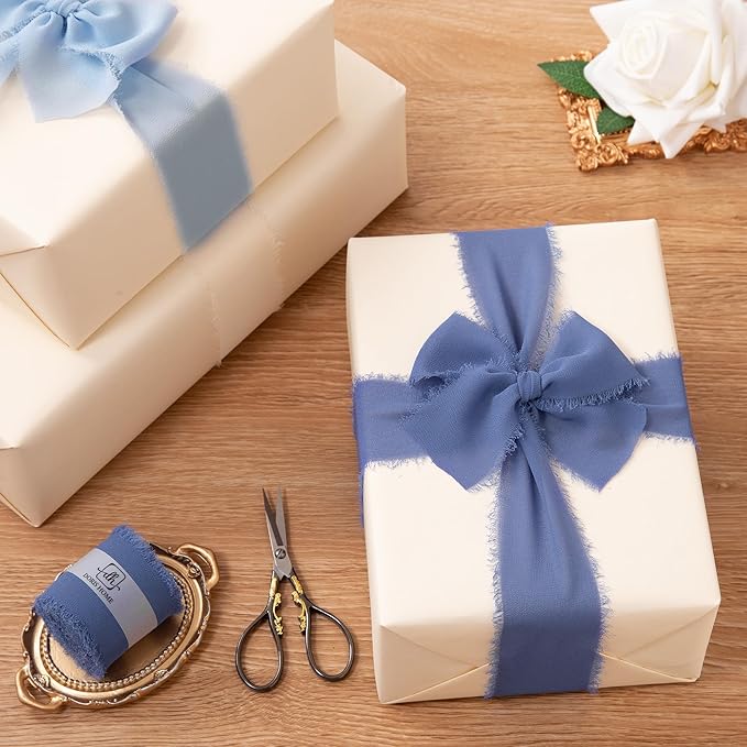 DORIS HOME Blue and Cream Chiffon Ribbon for Flower Bouquet, 2" x21Yd Fabric Ribbon for Gift Wrapping, Handmade Frayed Ribbon for Wedding/Christmas Decorations