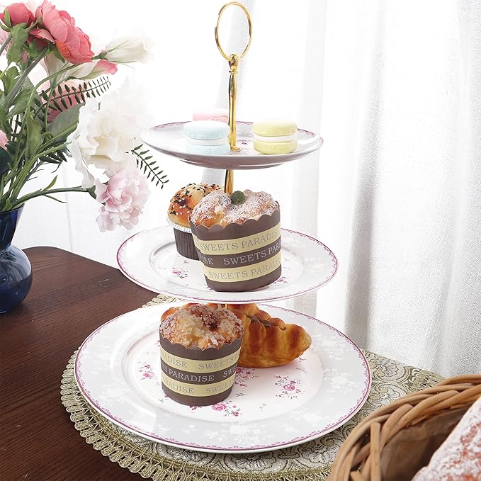 fanquare Pink Rose 3 Tier Porcelain Cupcake Stand, Floral Round Fruit Display Stand, Dessert Tower Tray for Wedding, Birthday and Tea Party