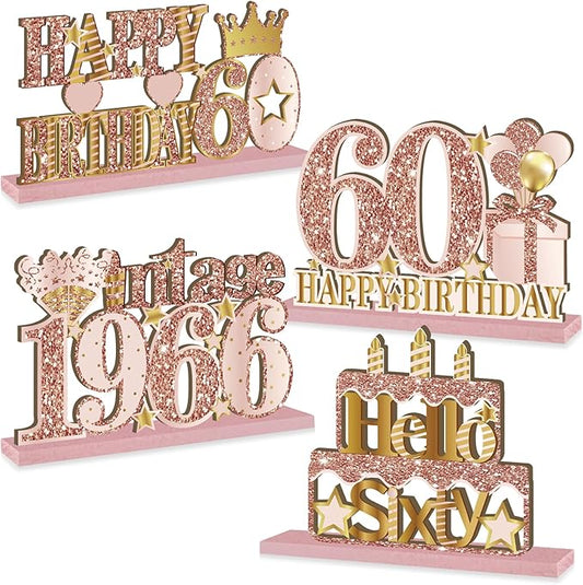 4 Pieces 60th Birthday Vintage 1966 Wooden Table Centerpieces Decoration for Women, Pink Rose Gold Happy 60 Birthday Table Sign Party Supplies, Hello Sixty Year