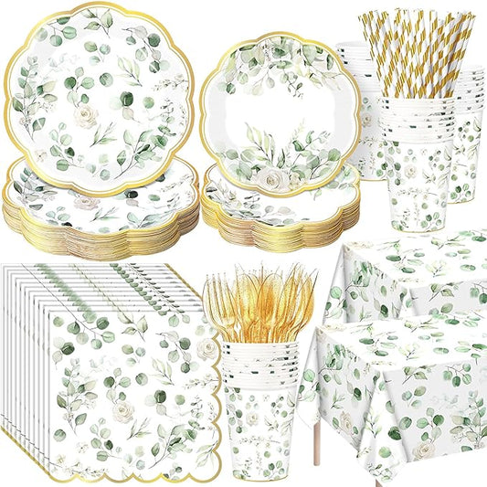 Potchen 452 Pcs Party Supplies Serve 50 Guests, Paper Plates Napkins Cups Cutlery Plastic Tablecloth Dinnerware for Birthday Wedding Party Decoration(Sage Green, Eucalyptus Leaves)