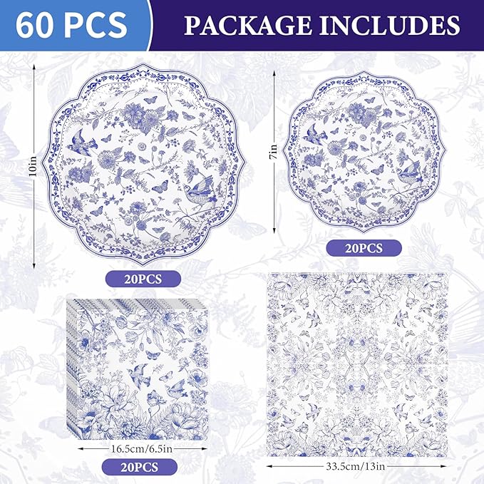 FYSUIMU 60 Pcs Blue White Floral Tableware Set Chinoiserie Flower Bird Scalloped Disposable Plates and Paper Napkins for 20 Guests Wedding Birthday Party Table Supplies
