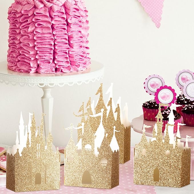 Geiserailie 20 Pieces Castle Box Princess Candy Box Glitter Castle Favor Treat Gift Princess Party Decorations Baby Shower Wedding Supplies(Gold)