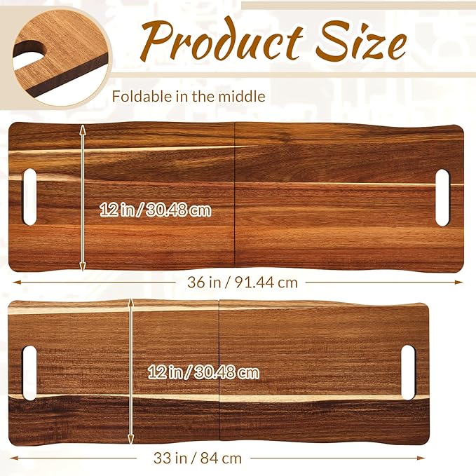 FoldTier Large Acacia Charcuterie Board with Handles 33 x 12 Inch Extra Large Christmas Wood Foldable Serving Tray Rectangular Appetizers Cheese Food Meat Board for New Home Party Housewarming Gifts