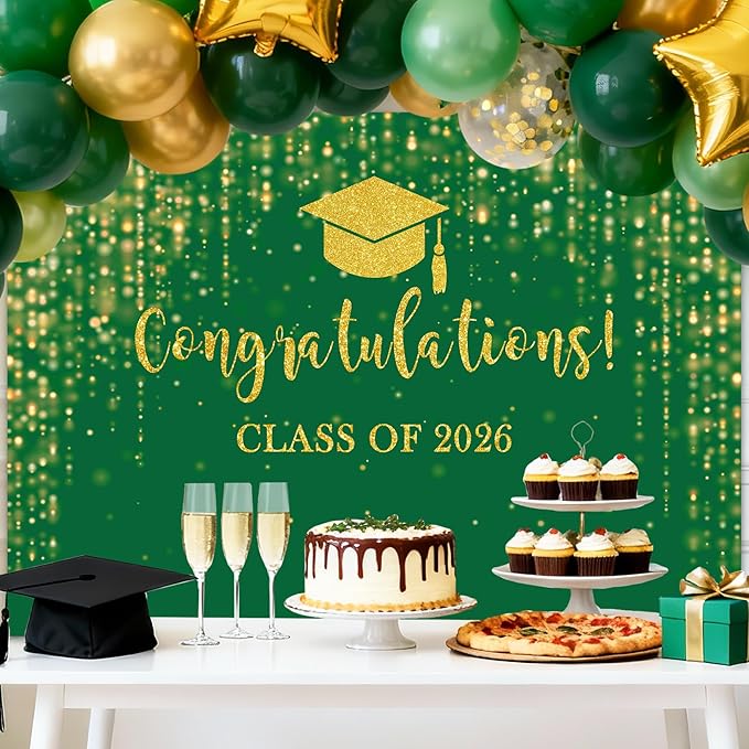 Mocsicka Class of 2026 Backdrop Green Gold Glitter Bokeh Graduation Party Background 2026 Congrats Grad Prom Party Cake Table Decoration Photo Booth Props (7x5ft)