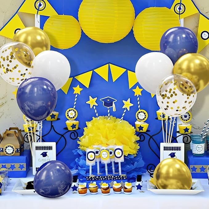 62pcs Gold Navy Blue Balloons Kit - 12 Inches Gold Blue Party Decoration Balloons for Graduation Baby Shower Birthday Graduation Party Decorations Favors