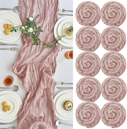 IVAPUPU 10 Pcs Cheesecloth Table Runner - 10ft Dusty Pink Spring Boho Gauze Cheese Cloth Table Runners for Baby Shower Decorations Wedding Party Summer Garden Farmhouse