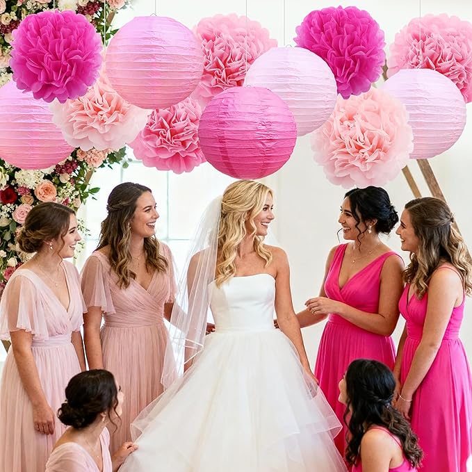 BEISHIDA Pink White Tissue Hanging Paper Flowers Lanterns Party Decorations Set for Birthday Graduation Baby Shower Bridal Bachelorette Wedding Photo Booth Backdrops Party Supplies(18 Packs)