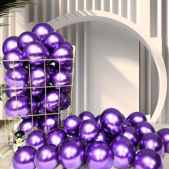 Firomi Metallic Purple Balloons 5-inch 100 Pack Helium Small-Medium Shiny Round Chrome Purple Thicken Latex Balloon for Wedding Birthday Party (with 2 Ribbons)