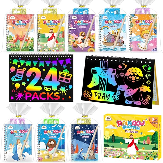 ZMLM 24 Pack Scratch Art Party Favors for Kids 4-8 – Individually Wrapped Rainbow Notebooks, Mess-Free Goodie Bag Stuffers, Non-Candy, Classroom Prizes, Travel Crafts for Boys Girls(Christian)
