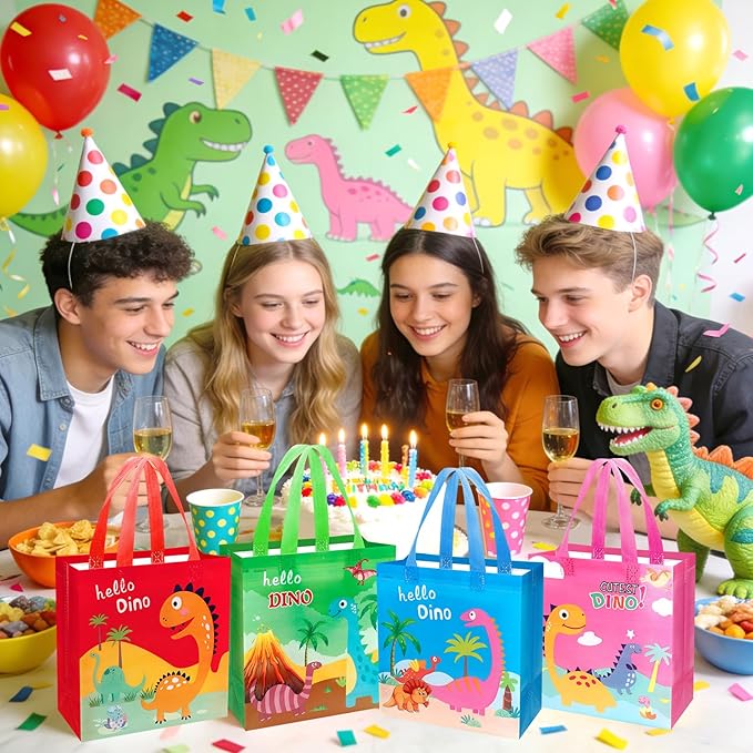 Pinsit 40 PCS Colorful Dinosaur Party Favor Bags, Non Woven Dinosaur Goodie Bags, Dinosaur Themed Reusable Gift Bags with Handles for Boys Girls Birthday Baby Shower Party Supplies