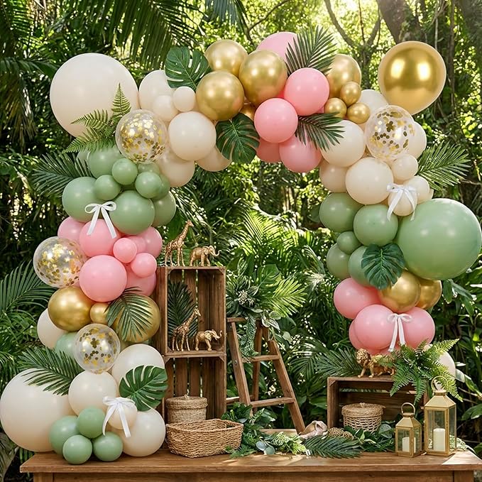 RUBFAC Pink and Sage Green Balloons, Party Easter Balloons Metallic Gold Confetti Balloon for Fairy First Birthday Tea Party Decorations