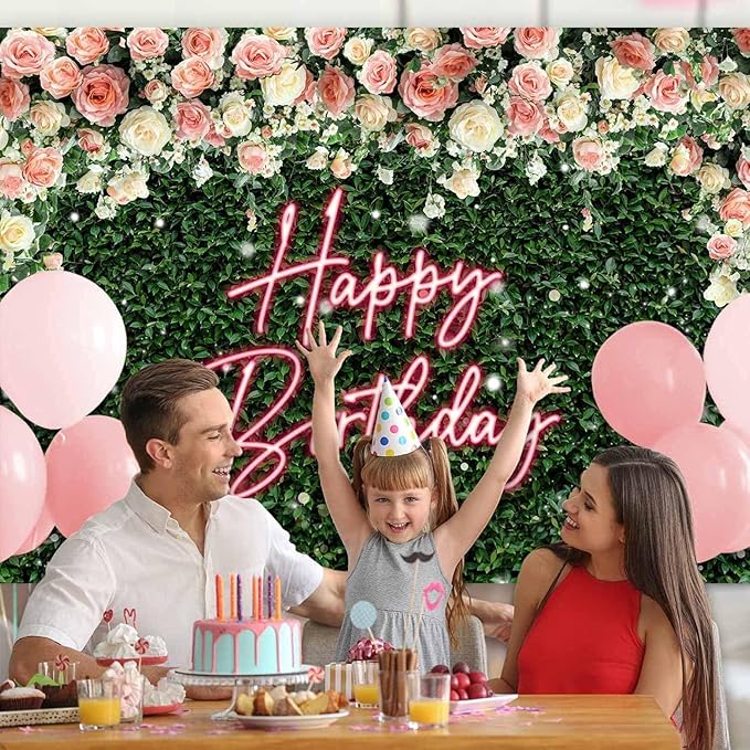 Sensfun Green Leaves Happy Birthday Backdrop for Women Greenery Grass Pink Neon Flower Wall Birthday Party Decorations Girls Rose Floral Blossom Bday Photography Background Photo Studio Shoot 8x6ft