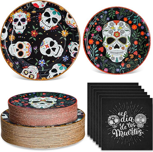 180PCS Day of The Dead Party Supplies – Sugar Skull Paper Plates and Napkins Set, Día de los Muertos Disposable Tableware for Mexican Theme Party Decorations