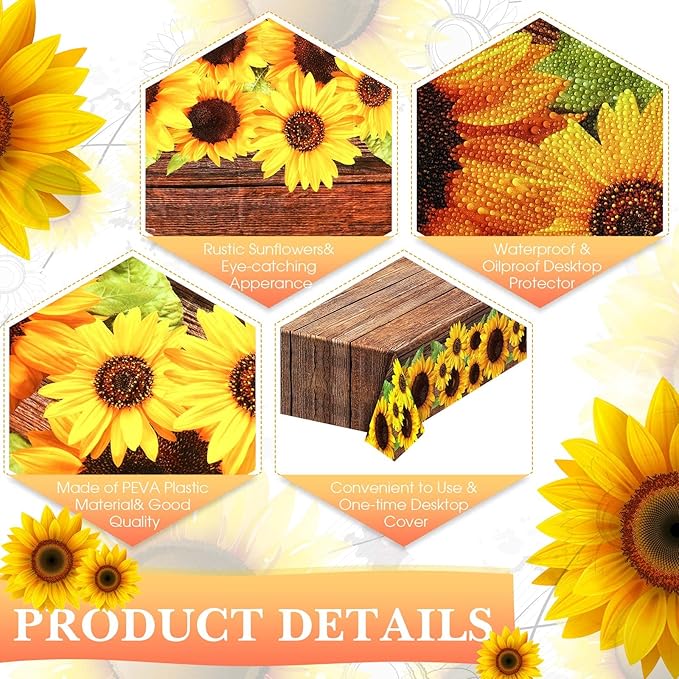 Tegeme 1 Pcs Sunflower Wood Grain Plastic Rustic Tablecloth Vintage Rectangle Table Covers Countryside Outdoor Tablecloth for Dining Table Kitchen Party Banquet, 54 x 108 Inch