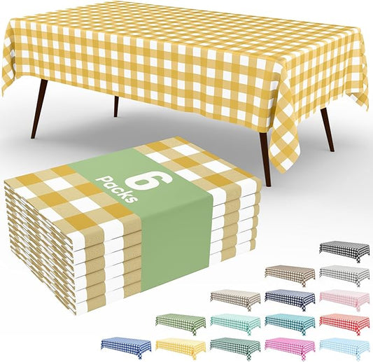 Smiry 6 Pack Gold Gingham Disposable Tablecloths - 54" x 108" Heavy Duty Plastic Table Cloth, Waterproof Buffalo Plaid Table Covers for Picnic, Banquets, Parties