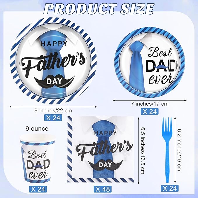 Kochorie 144 Pieces Father's Day Party Tableware Sets Including Disposable Plates Napkins Cups Forks Serves 24 for Father's Day Decorations Dad Grandpa Celebration Happy Father's Day Party Supplies
