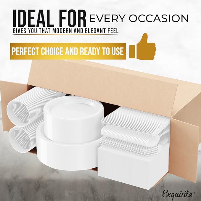 Party Solids 350 Pieces White Plastic Plates For Party, White Disposable Plates Set, 50 Of Each 9" Dinner Plate Set, 7" Dessert Plate, Cups, Napkins & Cutlery Plastic Dinnerware Set