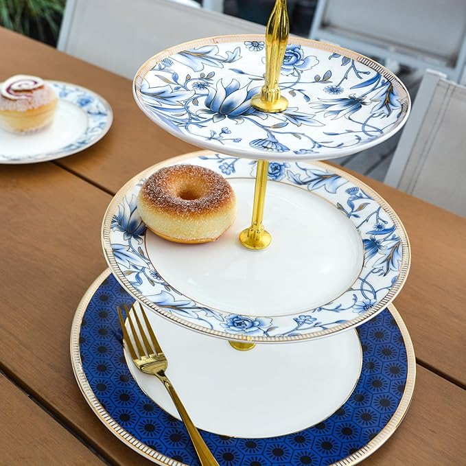 ACMLIFE Porcelain Cake Stand, White and Blue Bone Cupcake Stand, 3 Tier Wedding Cake Stand, Dessert Stand, Afternoon Tea Display Stand (Bone china 3)
