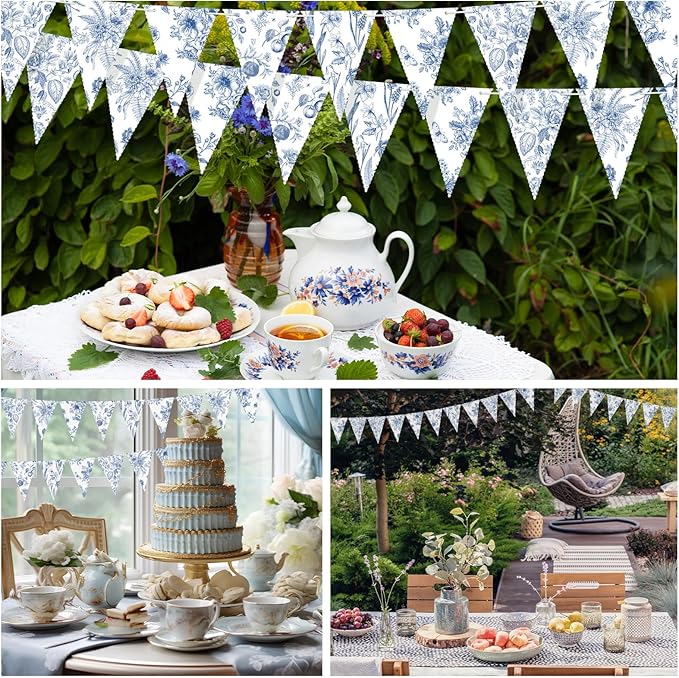 5 Pieces Blue White Vintage Floral Paper Pennant Garland Wedding Garland Triangle Banner for Wedding Bridal Shower Outdoor Decoration