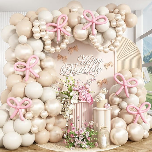 HILAVO Pearl White Balloon Garland Arch Kit 132 Pcs Bow Coquette Sand White Ivory Party Balloons with Pastel Pink Long Latex Balloon for Girls Princess Wedding Baby Shower Bridal Birthday Party Decor