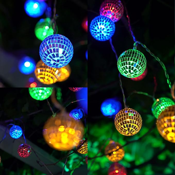 20 LED 2" Disco Balls String Lights 10.5ft, Memory Timer, Battery Operated Portable Decorative Novelty Christmas Holiday Hanging Fairy Light Garland Indoor/Outdoor, Silver Mirror/Colorful