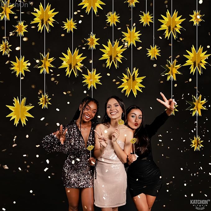 KatchOn, Gold Star Garland - 30 Feet, Pack of 3 | 3D Hanging Garland for Gold Graduation Decorations 2026, Golden Birthday Party Decorations | Star Decorations, Golden Party Decor, Engagement Decor