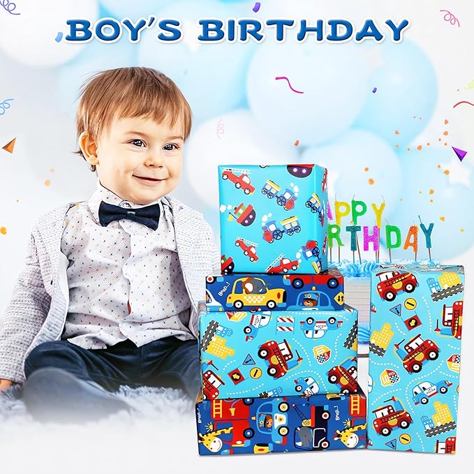 BWLOIES Wrapping Paper for Kids Boys Birthday Wrapping Paper Sheets with Police Car Fire Trucks Crane Ambulance Giraffe Elephant Children Birthday Gift Wrap Set with Tags Ribbion
