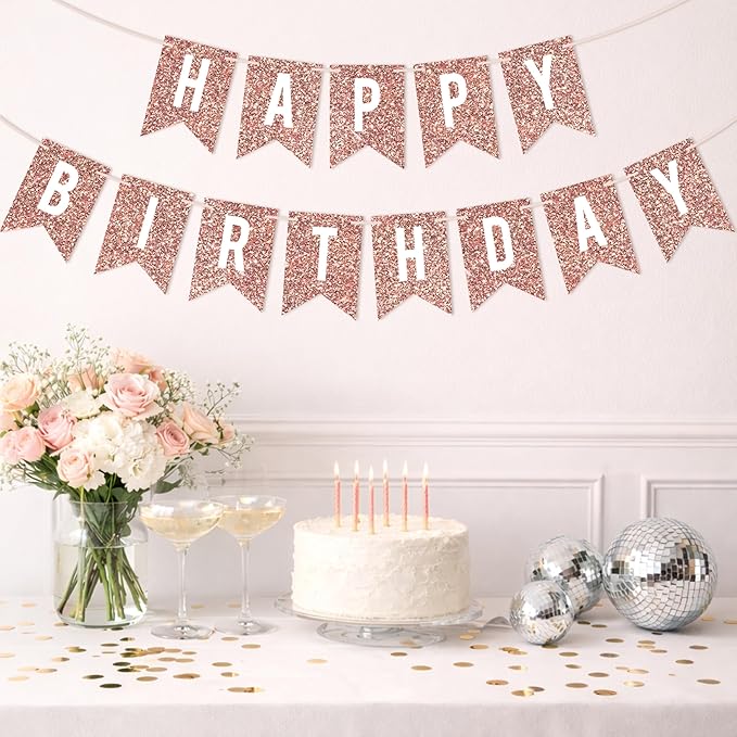 Pre-strung Happy Birthday Banner - No DIY - Rose Gold Glitter Birthday Party Banner - Pre-strung Garland on 6 ft Strands - Rose Gold Bday Party Decorations & Decor. Did We Mention No DIY