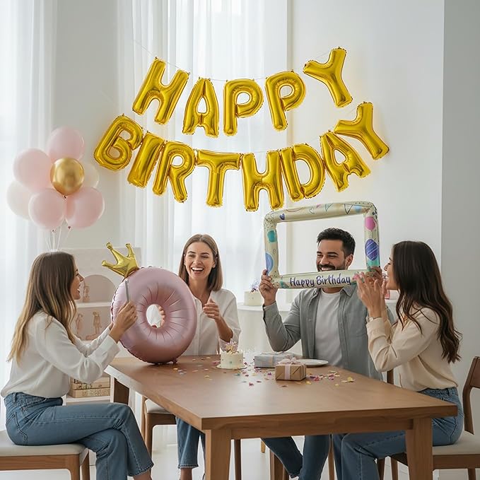 Gold Happy Birthday Banner Foil Letter Balloon, 14 Inch 3D Reusable Inflatable Mylar Balloon Foil Sign, Birthday Decorations for Women Men Boys Girls Kids (Birthday Banner 2)