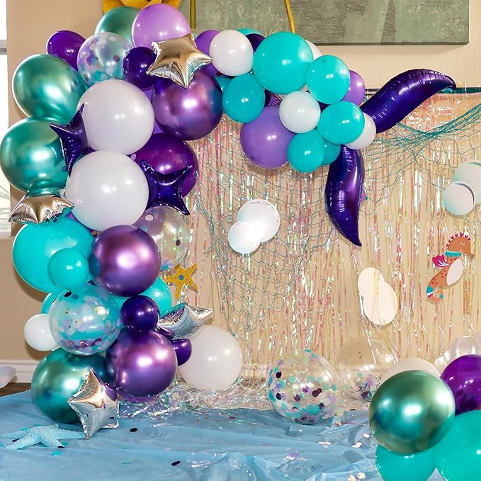 RUBFAC Purple Party Balloons, Purple and Teal Balloons, 65pcs Metallic Purple Green Blue Confetti Latex Balloons for Magic Birthday Party Decorations