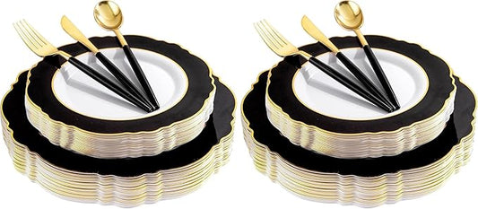 WDF 30Guest Black and Gold Plastic Plates - New Year Plates - Gold Plastic Silverware With Black Handle Baroque Black and Gold Disposable Dinnerware for New Year &Parties (Pack of 2)