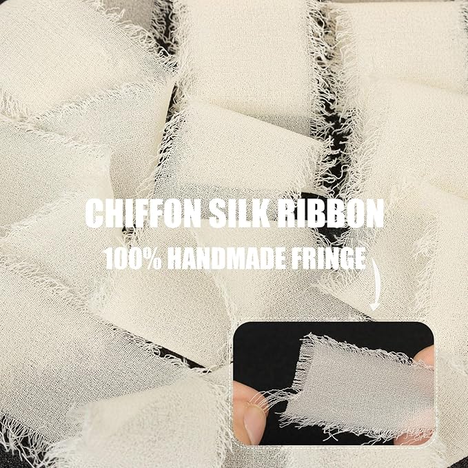 Cream Chiffon Ribbon - 1 Inch x 21 Yards Handmade Fringe Silk Ribbon for Boho Wedding, Gift Wrapping & Flower Bouquets