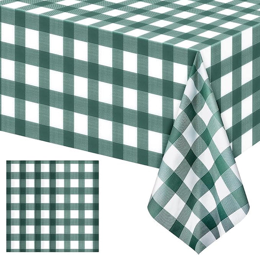 4 Pack Sage Green Striped Gingham Tablecloths, 54 x 108 Inch Disposable Plastic Rectangle Table Covers, Waterproof Checkered Sage Green Table Cloths for Picnic, Birthday, Party, Outdoor Events