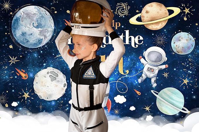 Mocsicka First Trip Around The Sun Birthday Backdrop for Boy Outer Space Sun 1st Birthday Party Decoration Galaxy Blast Off Moon Planets Rocket 1st Trip Around The Sun Cake Table Banner(82''x60'')
