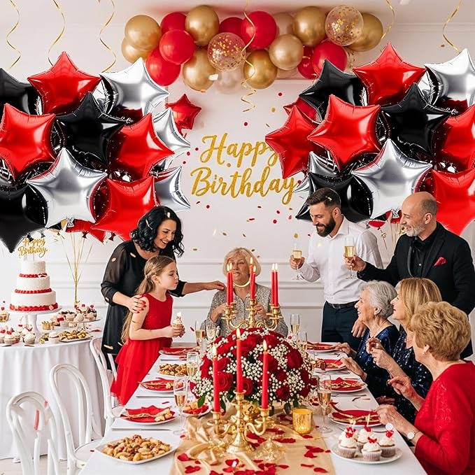 TONIFUL 15Pcs 18 Inch Large Silver Red Black Star Shape Foil Balloons Big Stars Helium Mylar Ballons for Birthday Wedding Bridal Shower Anniversary Engagement Party Decorations Supplies