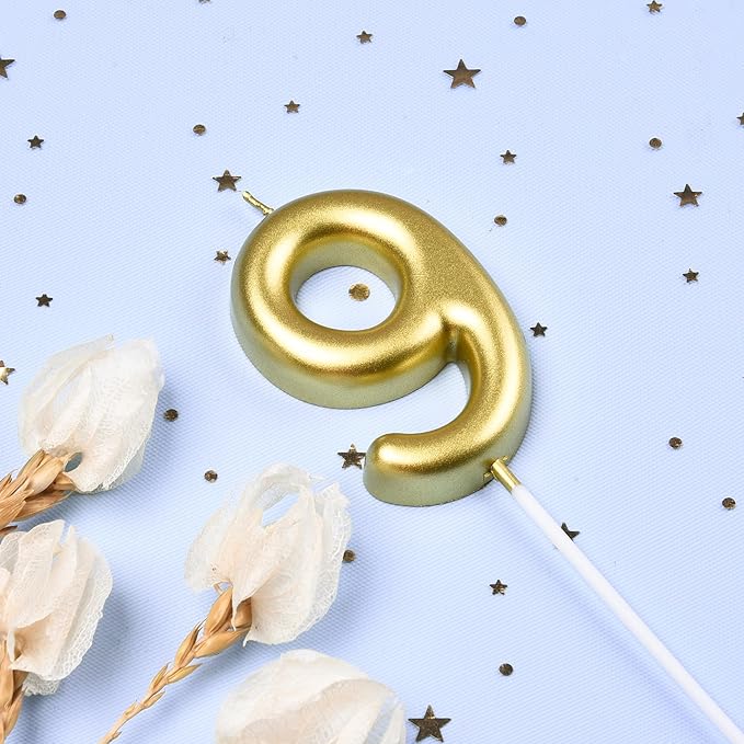 2.76 Inch Classical Gold 9 Number Birthday Candles, Gold and Cake Number Candles for Party Celebration