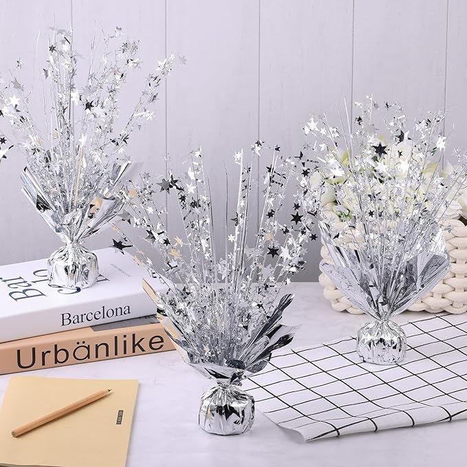 6 Pack Metallic Foil Spray Centerpiece Star Table Decoration Burst Table Centerpieces for Birthday Wedding Anniversary Celebrations Party Decor Supplies (Silver)