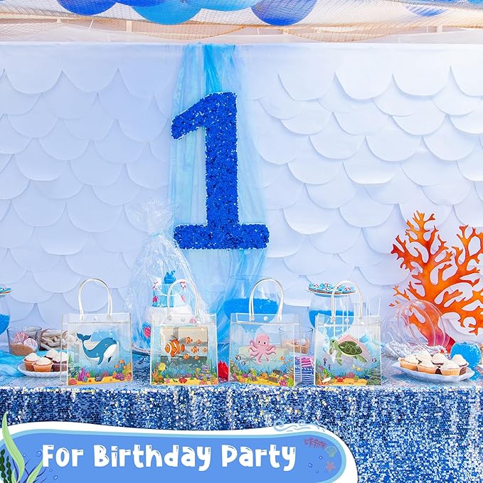 Aliceset 20 Pcs Under the Sea Party Clear Favor Bags with Handles Sea Party Candy Treat Bags Marine Ocean Animals Theme Goodies for Birthday Baby Shower Supplies Candy Snack Wrapping
