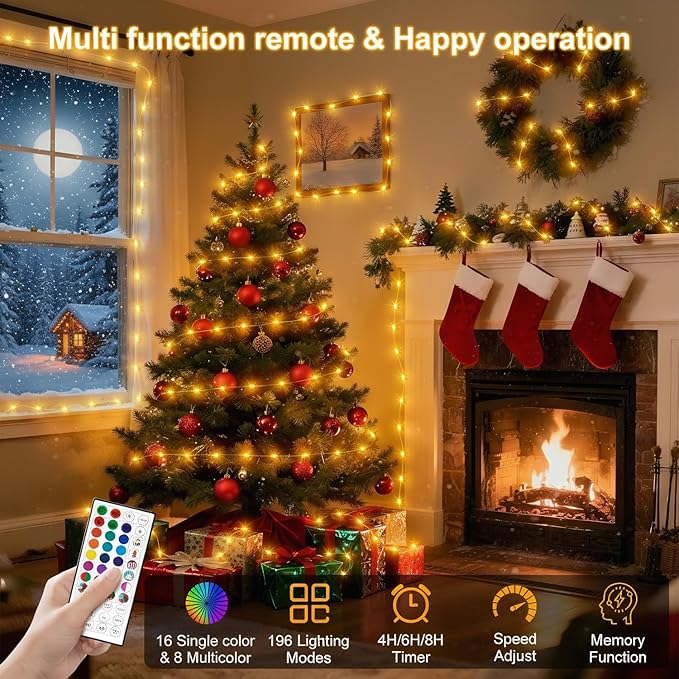 65.6FT 200LEDs Fairy Lights with Remote, 196 Modes 24 Color Changing Timer Dimmable Adjustable Speed IP65 Waterproof Fairy Lights Plug in for Tree Party Wedding DIY Festival Bedroom Chairs Decoration