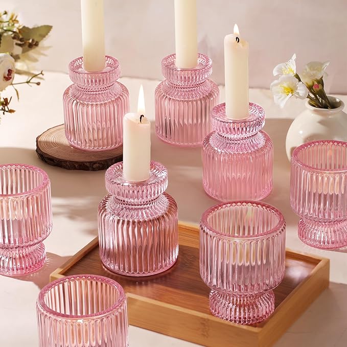 DARJEN 12 Pcs Glass Candlestick Holders- Pink Taper Candlestick Holders Tealight Votive Candle Holders for Table Centerpieces, Wedding, Dinner Party, Home Decor