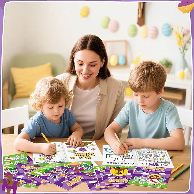 Easter Lent Activity Books for Kids - 24Pcs Christian Lent Mini DIY Games Coloring Book Set Bulk Mazes Word Search Word Scramble Games for Sunday School Classroom Easter Spring Holiday Party Favors