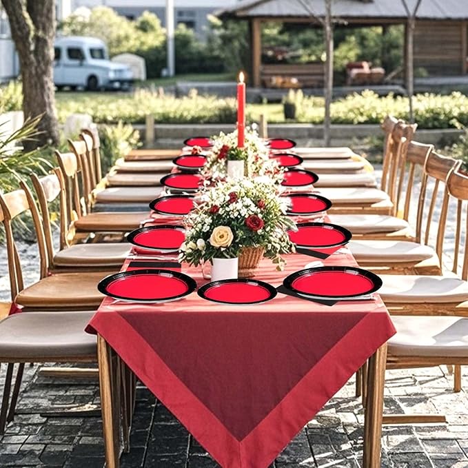 Grencian 200Pcs Red and Black Party Decorations Graduation Red and Black Plates and Napkins Disposable Stranger Tableware Set for Congrats Grad Fiesta Holiday Birthday Wedding Party Supplies Serves 50