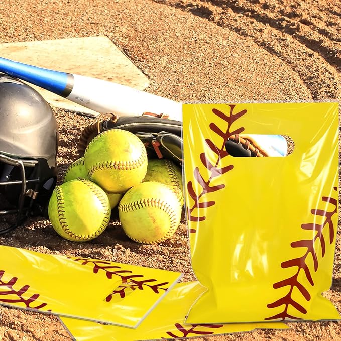 Hxezoc 50 Pieces Softball Gift Bags with Handle, Plastic Treat Candy Bag Sport Favor Bags For Kids Birthday Party Decoration Supplies (Yellow)