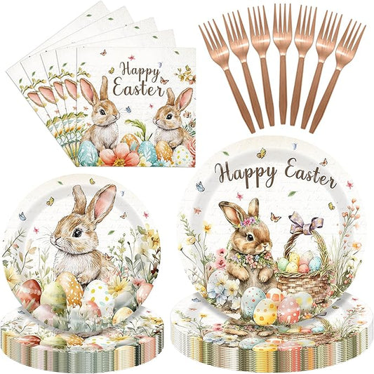 96 Pieces Easter Tableware Set – Bunny Egg Disposable Plates, Napkins and Forks with “Happy Easter” Spring Designs for Holiday Dinners, Parties, and Spring Celebrations – Serves 24