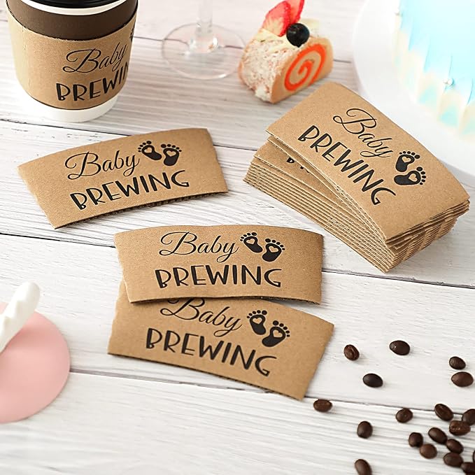 Newtay 50 Counts Baby Is Brewing Coffee Sleeves, Disposable Kraft Paper Cup Sleeves for Baby Shower, Gender Reveal, Halloween Party Decorations, Fits 12 16 or 20 oz Hot Cold Drinks Paper Cup(Playful)