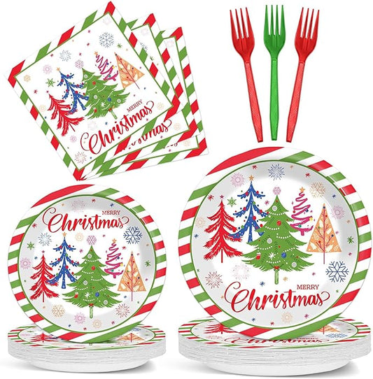 OBUSATT 96Pcs Christmas Party Supplies Red Green Christmas Tree Paper Plates and Napkins Disposable Xmas Tableware Dinnerware Set Winter Snowflake Plates for Holiday Party Decorations Serves 24