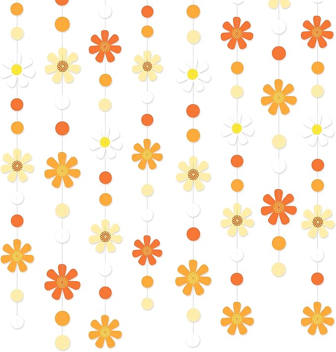 47.2 Ft Groovy Party Decorations Boho Daisy Polka Dot Garland Streamer Ombre Orange Daisy Banner Cutouts for Birthday Baby Shower Wedding Bridal Shower Spring Summer Fall Retro Hippie Decor Supplies