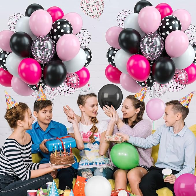 Pink Black Balloon Set, 60PCS Rose Red Black Birthday Balloons, 12 Inch Hot Pink White Latex Balloon Black Dots Pink Confetti Helium Balloons for Girls Theme Birthday Bridal Party Supplies