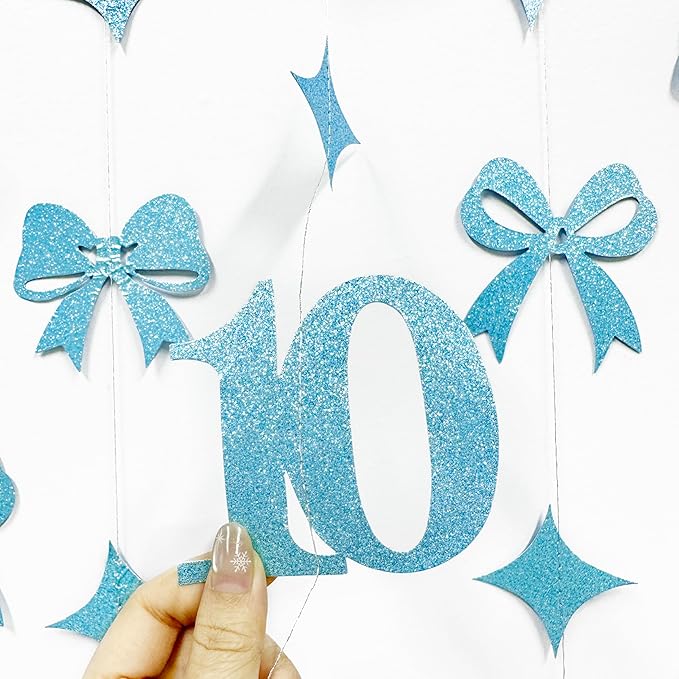 Glitter Blue 10th Bow Birthday Decorations Teal Blue Conquette Bow Garland Streamer Banner Backdrop for Girls Happy 10th Birthday Double Digits I'm 10 Cheers to 10 Years Old Anniversary Party Supplies